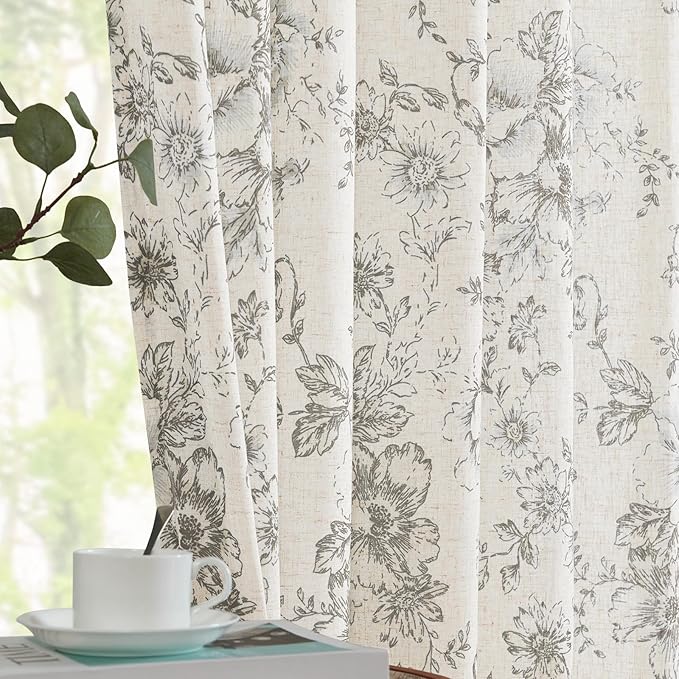 jinchan Linen Blend Curtain Floral Curtains for Living Room 108 Inch Length Grey Printed Curtain Rod Pocket Back Tab Farmhouse Peony Flower Patterned Drapes Bedroom Window Curtains Set 2 Panels