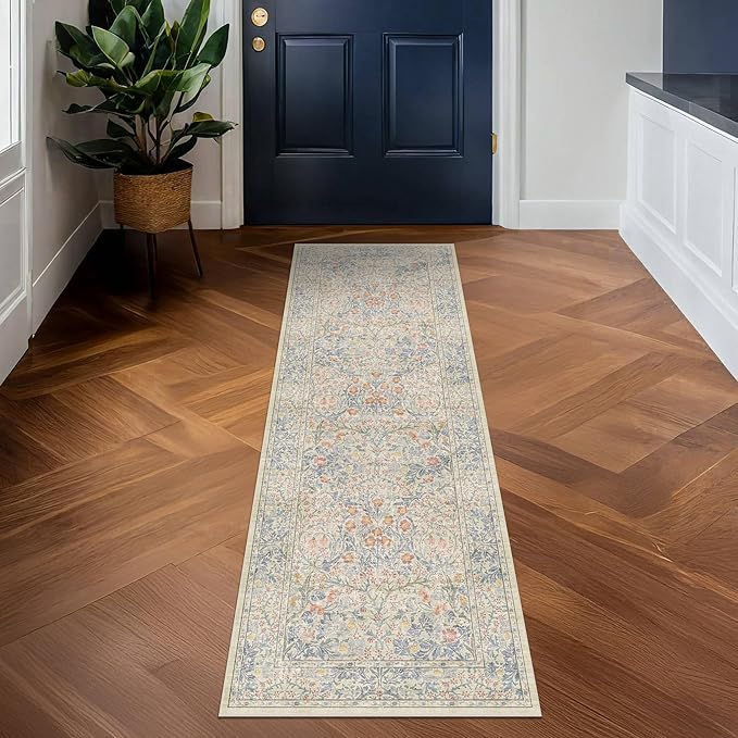 Hazo Haus Non Slip Beige Blue Hallway Runner Rug - Long Runner Rugs 2x7 Washable Kitchen Floor Mat, Laundry Room Rug, Bathroom Runner - Vintage Design Décor