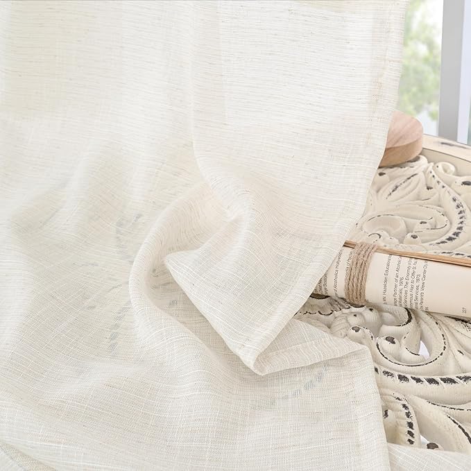 BGment Ivory Linen Cafe Curtains 36 Inch Length for Over Sink - Short Light Filtering Drapes with Rod Pocket Semi Sheer Lightweight for Bathroom Kitchen Window, 2 Panels Set, 42 X 36 Inch