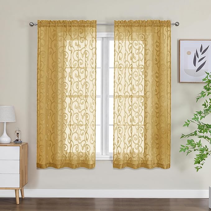 OWENIE Furman Gold Sheer Curtains 63 inch Length for Bedroom Living Room 2 Panels Set, Jacquard Clip Textured Semi Sheer Curtains, Light Filtering Rod Pocket Farmhouse Window Treatments, 40Wx63L inch