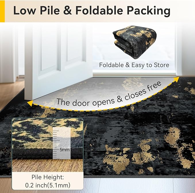 Washable Area Rugs 3x4 Non-Slip Modern Abstract Soft for Living Room Entryway Bedroom Nursery, Print Pattern, Dark Black Gold