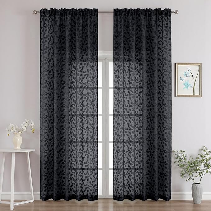 Chyhomenyc Black Sheer Curtains 96 Inch Length 2 Panels Set, Light Filtering Tufted Textured Soft Airy Rod Pocket Gentle Leaf Window Treatment Drapes for Bedroom Living Room, 52" Wx96 L, 2PCS