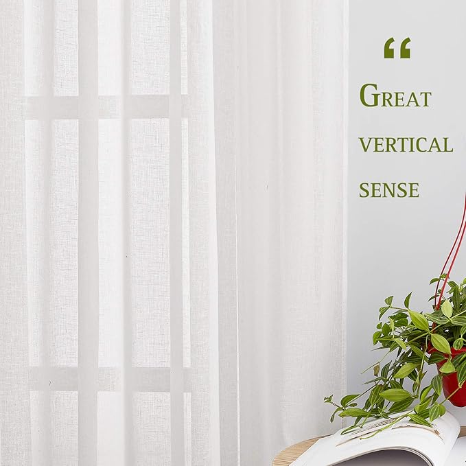 NICETOWN White Sheer Linen Curtains 84 inch Length, Grommet Semi Sheer Flax Texture Balance Privacy & Light Casual Vertical Drapes for Bedroom/Living Room, 72" Wide Total 2 Panels