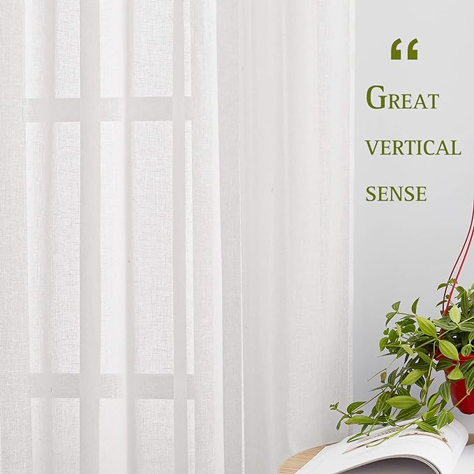 NICETOWN Privacy White Sheer Linen Curtains 96" L, Grommet Semi Sheer Linen Elegant Vertical Drapes with Light Filtering Window Treatments for Farmhouse/Porch, 140" W Total 2 Panels