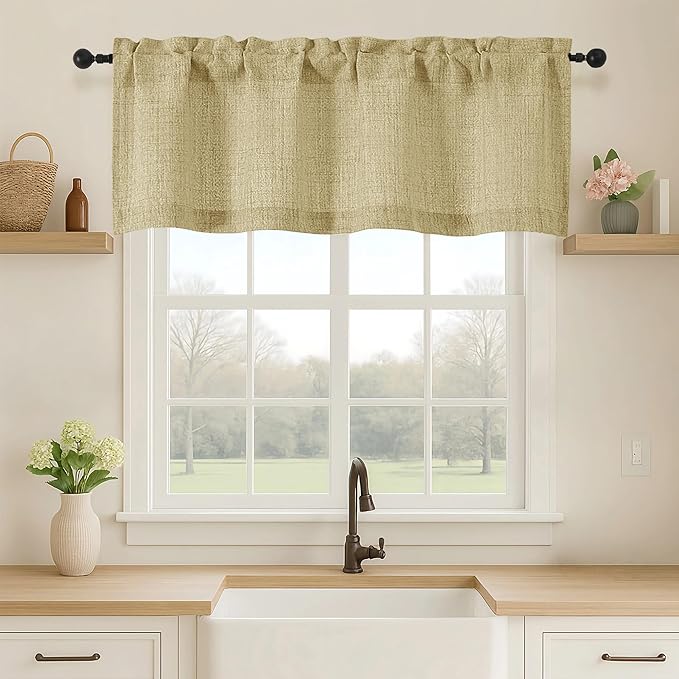 OVZME Valance for Windows, Light Filtering Faux Linen Textured Small Kitchen Valances for Windows, Dual Rod Pocket Farmhouse Short Curtain for Bathroom Basement, 52Wx18L inch, 1 Piece, Camel