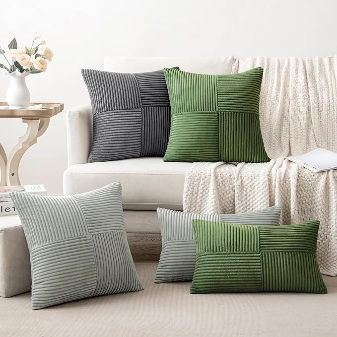 MIULEE Moss Green Decorative Throw Pillow Covers 20x20 Inch for Couch Bed Sofa Spring Decor Pack of 2 Boho Farmhouse Throw Pillows Soft Cross Corduroy Patchwork Textured Cushion Cases