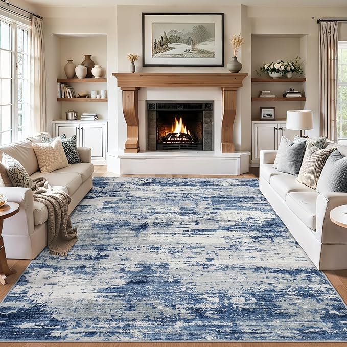 Area Rugs 10x12 Living Room - Washable Rug Modern Abstract Soft Large Neutral Non-Slip Carpet Indoor Floor Thin Carpets for Bedroom Dining Room Farmhouse Nursery Home Office Blue Gray
