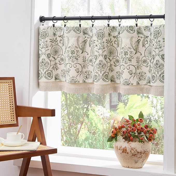 jinchan Linen Valance Kitchen Curtain for Windows Double Layer 16 Inch for Living Room Bedroom Window Treatment Light Filtering Vintage Rustic Farmhouse Cottagecore Rod Pocket 1 Panel Green on Beige