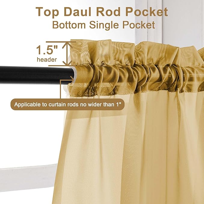 Chyhomenyc Gold Sheer Valances for Windows - Light Filtering Small Kitchen Curtains, Rod Pocket Short Top Window Treatment Decor for Living Room Bathroom Basement, 42Wx16L inches, 2 Panels