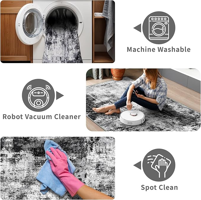 2x8 Washable Runner Rugs for Hallway: Easy-to-Clean Abstract Runners for Entryway Bedroom - Stain and Water Resistant Rugs with Non-Slip Backing - Soft Low-Pile Carpet Black Grey