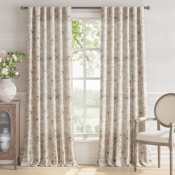 jinchan Floral Linen Curtains for Living Room 96 Inch Length Brown Flower Curtain Rod Pocket Back Tab Farmhouse Curtains with Printed Floral Bedroom Window Curtain Set, 2 Panels Brown