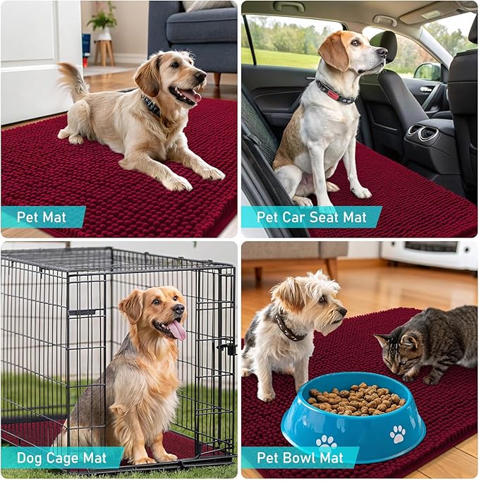 OLANLY Dog Door Mat for Muddy Paws 44x24, Absorbs Moisture and Dirt, Absorbent Non-Slip Washable Doormat, Quick Dry Chenille Mud Mat for Dogs, Entry Indoor Entryway Carpet for Inside Floor, Burgundy