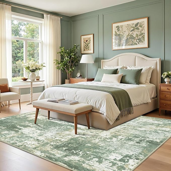 Washable Area Rugs 2'x10' Non-Slip Modern Abstract Soft for Living Room Entryway Bedroom Nursery, Print Pattern, Light Green/Yellow