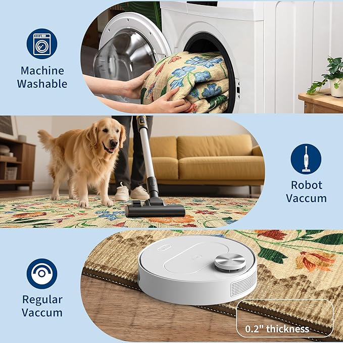 GarveeHome Washable Rug 8x10 Area Rugs for Living Room, Floral Rug for Bedroom, Soft Vintage Non Slip Throw Rugs with Rubber Back, Low Pile Stain Resistant Boho Floral Carpet for Dining Room, Beige