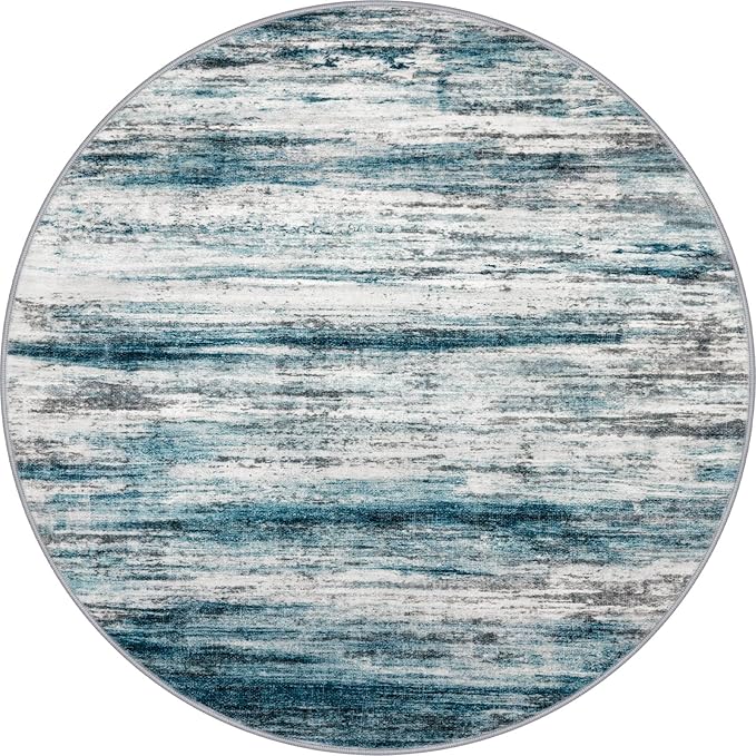 KOZYFLY Modern Abstract Round Area Rug 5Ft, Washable Kitchen Rug Non-Slip Soft Bathroom Circle Rug, Blue Striped Entryway Rugs Print Faux Wool Doormat for Bedside Entrance Bedroom Sink