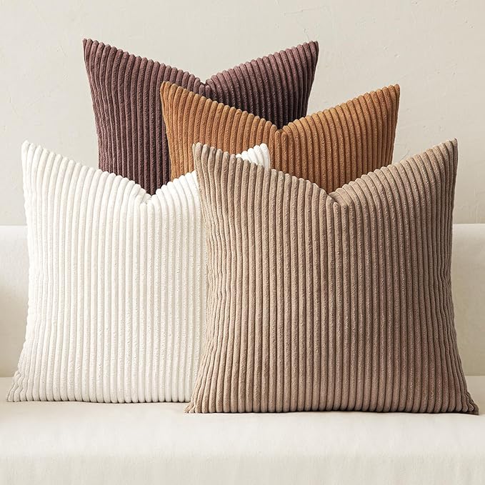 MIULEE Boho Farmhouse Throw Pillow Covers 20x20 Inch Set of 4 Rustic Mordern Neutral Cushion Covers Soft Corduroy Nordic Home Decor for Couch Bed Sofa Living Room Brown
