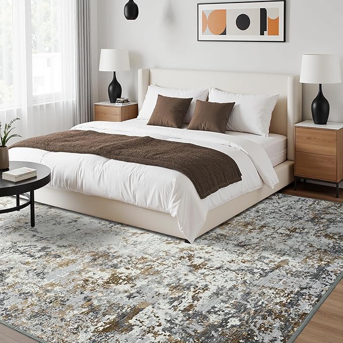 Toneed Abstract Area Rug Modern Washable Rug Soft Non Slip Rug Low Pile for Bedroom Living Room Dining Room Brown Grey Gold 3x5 Feet