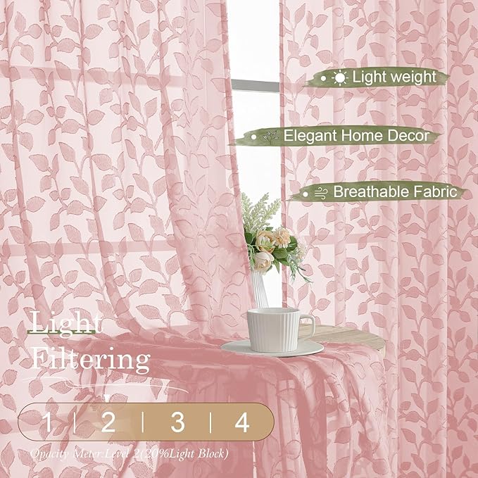 Chyhomenyc Blush Pink Sheer Curtains 90 Inch Length 2 Panels Set, Light Filtering Tufted Textured Soft Airy Rod Pocket Gentle Leaf Window Treatment Drapes for Bedroom Living Room, 42" Wx90 L, 2PCS