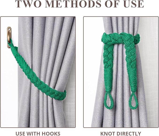 NICEEC 2 Pack Natural Cotton Rope Curtain Tiebacks Elegant Boho Style Decorative Drape Tie Backs Soft Hand-Woven Rope Curtain Holdbacks with Metal Hook for Home & Office Drapery (Green)