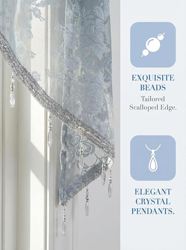 Molaxhome Swag Curtain 51 inch Length Rod Pocket Scalloped Curtain Valance Sheer Lace Panels with Hanging Crystal Beads for Kitchen Bedroom Window Treatments Drape Decor 1pc (Lace Grey, 51Wx23L)