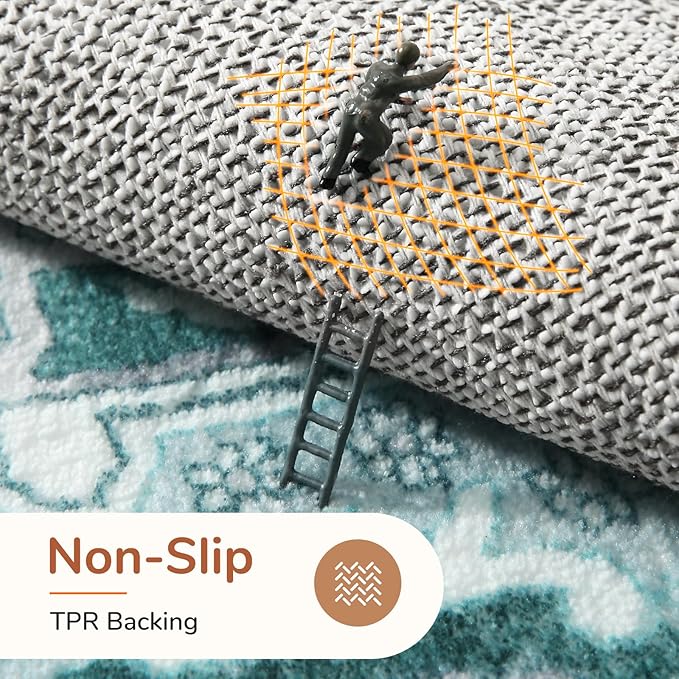 OPPODREAM Soft Area Rugs 4x6, Low-Pile Washable Rugs 4x6 with Non Slip Backing, Faux Cashmere 4 x 6 Throw Carpet, Teal & Turquoise & Cream