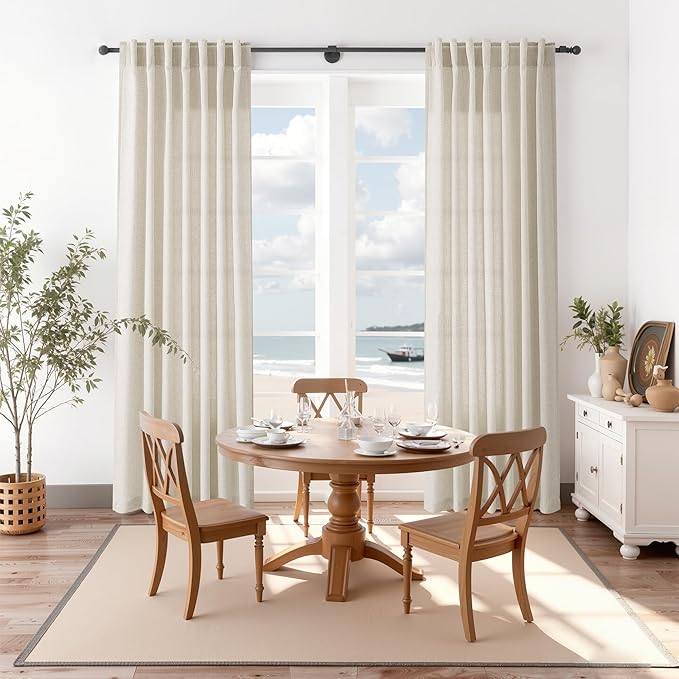 Nanspring Vanilla Linen Curtains 102 Inches Long for Living Room Light Filtering Semi Sheer Curtain Back Tab Modern Farmhouse Decor Floor to Ceiling Coastal Drapes for Bedroom 52x102, 2 Panels