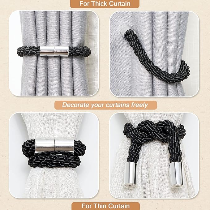 NICEEC 2 Pack Strong Magnetic Curtain Tiebacks Modern Simple Style Drape Tie Backs Convenient Decorative Weave Rope Curtain Holdbacks for Thin or Thick Home & Office Window Draperies (Black)