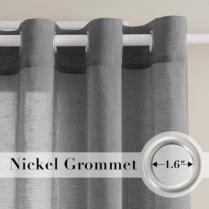 H.VERSAILTEX Linen Curtains Nickel Grommet Natural Linen Semi-Sheer Curtains 2 Panels Privacy Added Premium Soft Rich Material Drapes for Bedroom/Living Room - 37x63 Inch- Charcoal Grey