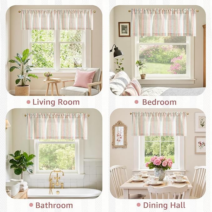 jinchan Valance Curtain Linen Textured Striped Window Curtain for Living Room Light Filtering Farmhouse Valance for Kitchen Rod Pocket 1 Panel 16 Inch Candy on Linen 1 Panel