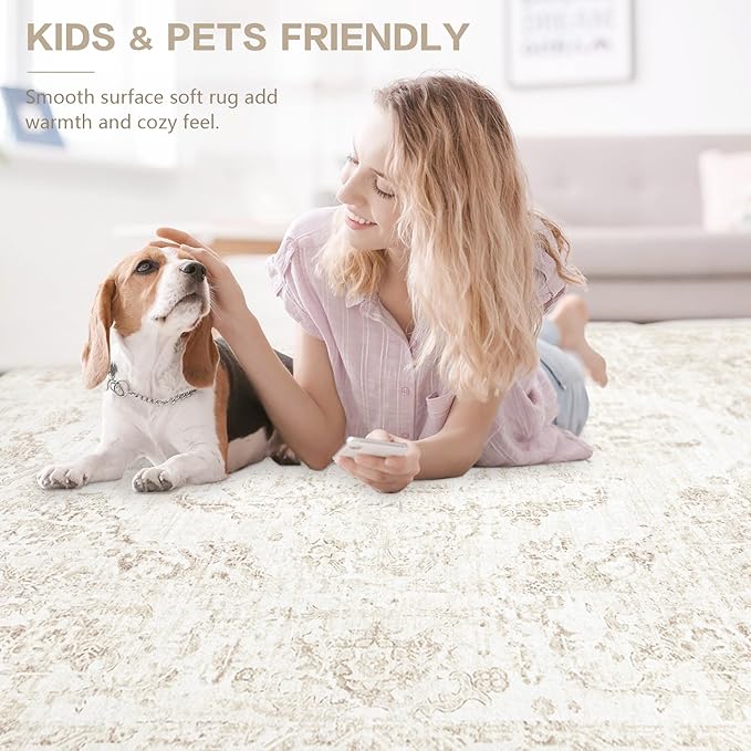 9x12 Area Rugs for Living Room:Washable Rug Vintage Large Rugs Soft Non Slip Low Pile Rug Floral Distressed Floor Carpet for Bedroom Dining Room Home Office (Beige,9'x12')