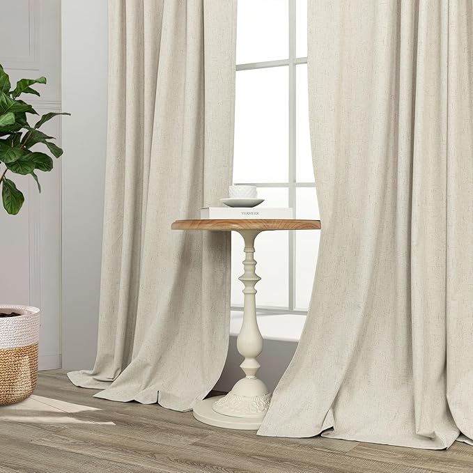 Linen Textured Boho 100% Blackout Small Window Curtains 45 inch Length 2 Panels Country Curtain for Kitchen Door Bathroom Bedroom Living Room Darkening Short Cafe Drape Back Tab Rustic Farmhouse Beige