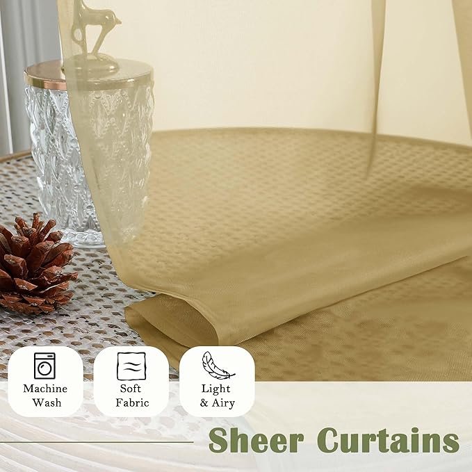 Lecloud Gold Sheer Curtains for Bedroom 84 Inches Long 2 Pcs, Light Filtering Airy Voile Window Curtains for Living Room, Modern Farmhouse Decor Dual Rod Pocket Drapes, Each Panel 59" W x 84" L