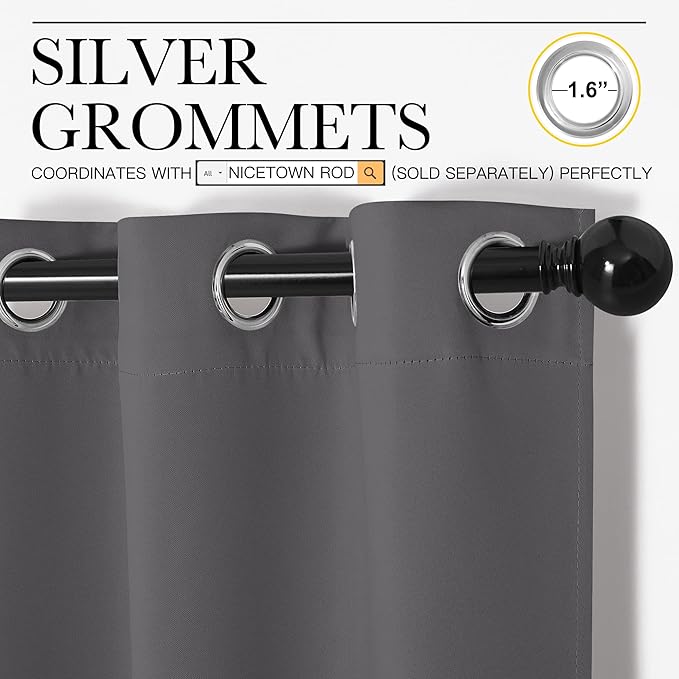 NICETOWN Blackout Curtains Panels for Bedroom, 2 Panels, 66 x 60 Inch, Gray, 3 Pass Microfiber Noise Reducing Thermal Insulated Solid Ring Top Blackout Window Drapes