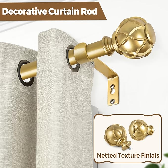 KAMANINA Curtain Rods for Windows 48 to 84 Inch, Gold Heavy Duty Curtain Rod Adjustable, 7/8 Inch Single Decorative Drapery Rod 32 to 86 Inch(2.6-7.1Ft), Netted Texture End