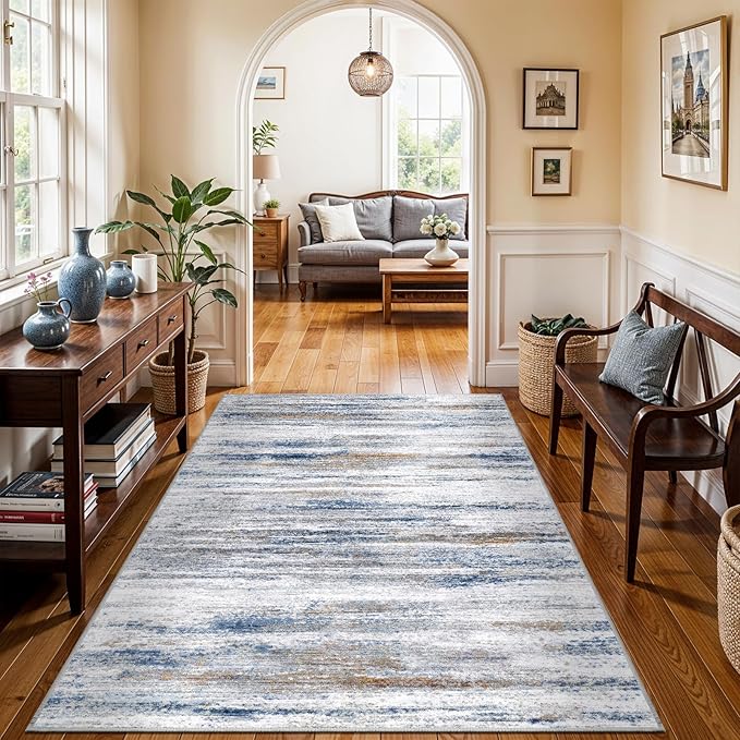 4x5 Area Rugs for Entryway Washable: Easy-to-Clean Rug for Office Kitchen Bedroom Living Room Dining Room - Non Slip Stain and Water Resistant Carpet - Soft Low-Pile Door Mat Navy Grey