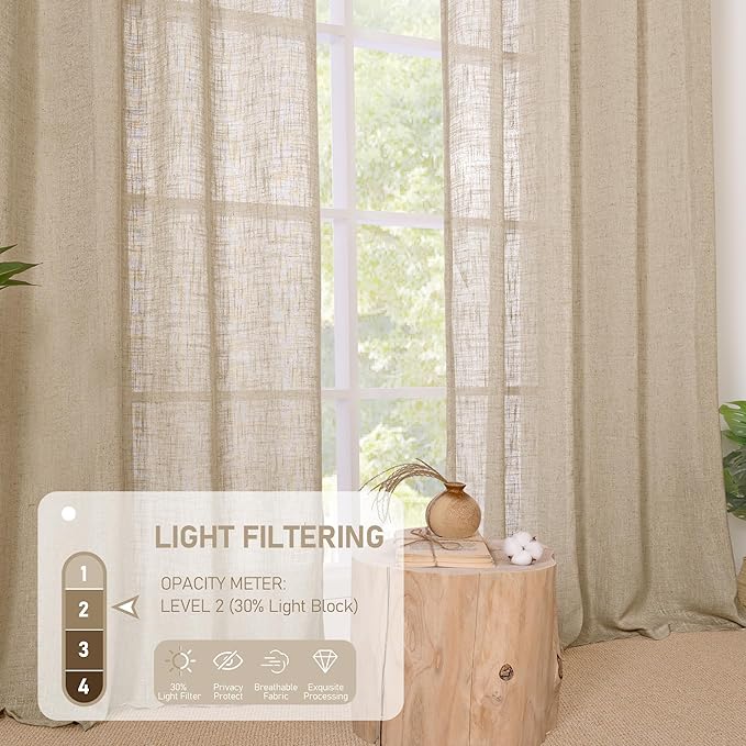 LAMIT Brown Sheer Linen Curtains 48 inches Length 2 Panels, Short Light Filtering Linen Textured Curtains for Kitchen/Window/Cafe/Loft Room, 34 x 48 Inch