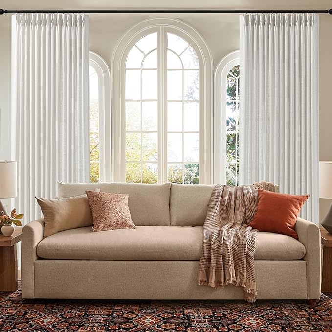 IVAPUPU Extra Width Pinch Pleated Curtains for Living Room, Linen Blend Sheer Curtain Pleated Light Filtering Privacy Back Tab Drapes with Hooks Rings for Sliding Door, 1 Panel, 70Wx84L, Beige White