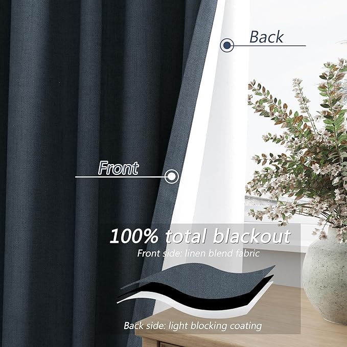 Guken 100% Blackout Linen Curtains 90 Inch Length 2 Panels Set for Living Room Bedroom Back Tab Thermal Insulated Black Out Linen Drapes Room Darkening Window Curtains,Vintage Blue
