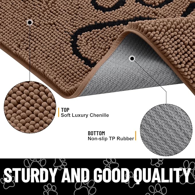 Smiry Dog Door Mat for Muddy Paws, Absorbent Dirt Trapper Non Slip Quick Dry Washable Chenille Mat for Mud Dogs, Entry Rug for Indoor and Outdoor (48x30 Inches, Coffee and Black)