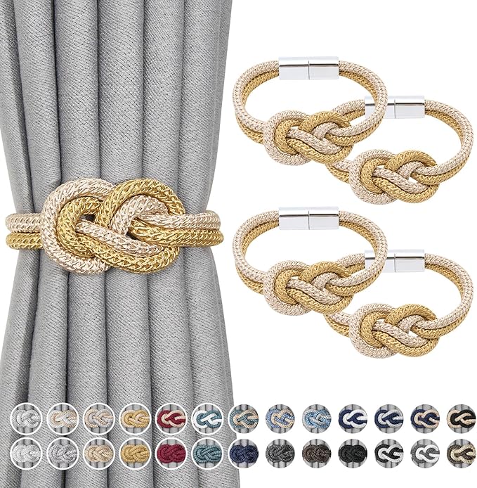NICEEC 4 Pack Mini Magnetic Curtain Tiebacks Nordic Simple Style Drape Tie Backs Elegant Hand Weave Rope Knot Decorative Curtain Holdbacks for Home & Office Thin Window Drapery (Gold & Beige)