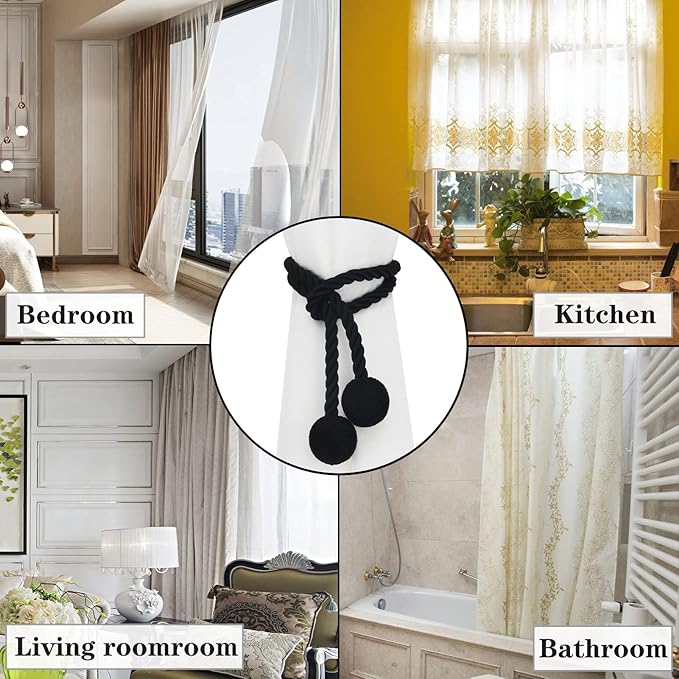 Curtain Tiebacks Outdoor Elegant Decorative Tie Backs Modern Rope Tiebacks for Drapes Window Curtain Holdbacks for Draperies (Black, 4)
