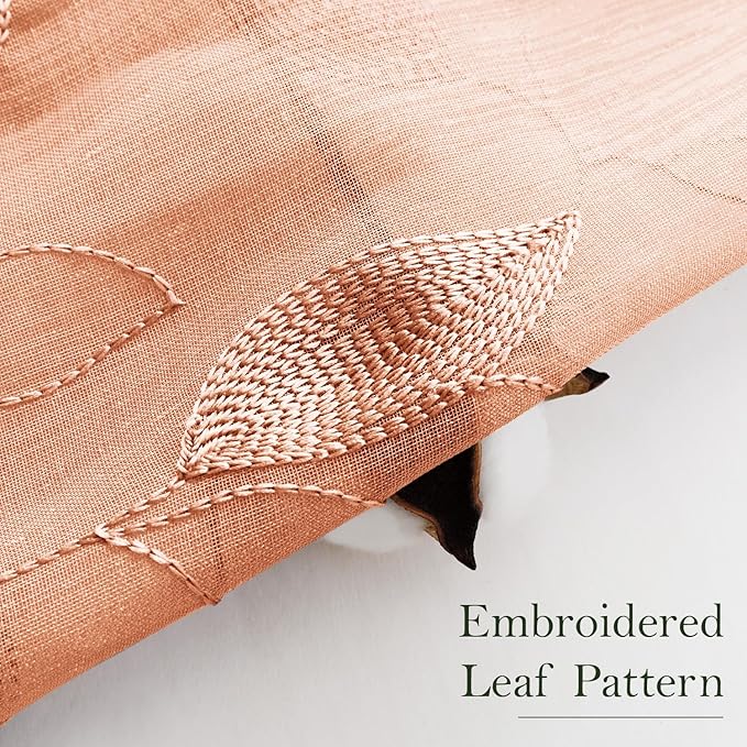 HOMEIDEAS Fall Burnt Orange Sheer Kitchen Curtains 52 x 45 Inch Length 2 Panels Embroidered Leaf Pattern Short Curtains for Bedroom Half Small Window Rod Pocket Tiers