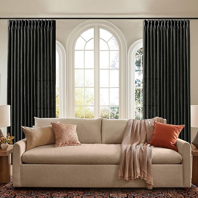 IVAPUPU Black Pinch Pleated 84 Inch Curtains for Living Room, Airy Privacy Semi Sheer Curtain with Pleated Hooks Rings Linen Blend Memory Trained Back Tab Drapes for Bedroom Office, 2 Panels, W40xL84