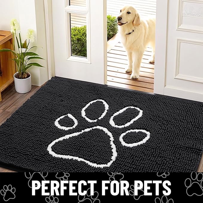 Smiry Dog Door Mat for Muddy Paws, Absorbent Dirt Trapper Non Slip Quick Dry Washable Chenille Mat for Mud Dogs, Entry Rug for Indoor and Outdoor (70x32 Inches, Black and White)