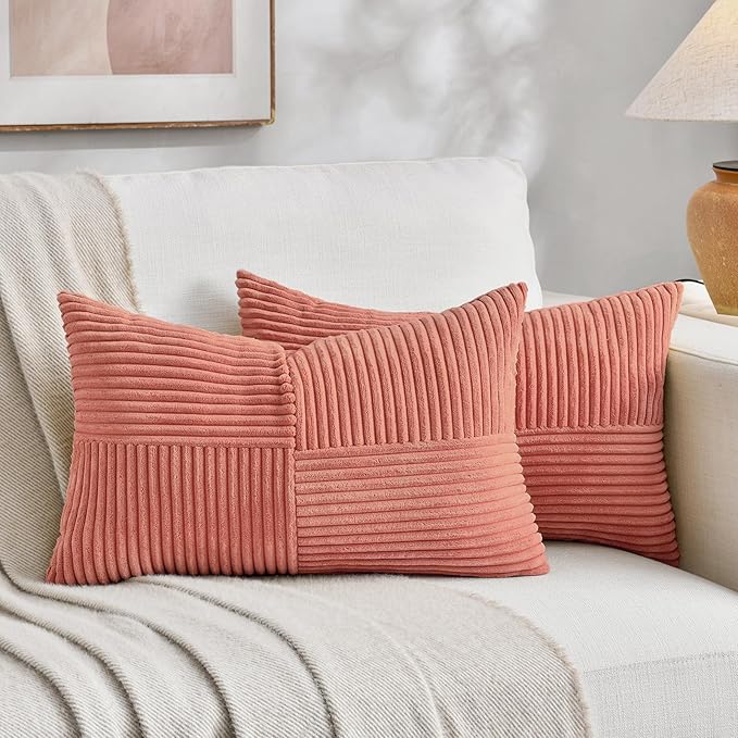 Fancy Homi 2 Packs Coral Lumbar Decorative Throw Pillow Covers 14x22 Inch for Living Room Couch, Rustic Farmhouse Boho Home Decor, Soft Striped Corduroy Rectangle Accent Peach Cushion Case 35x55 cm