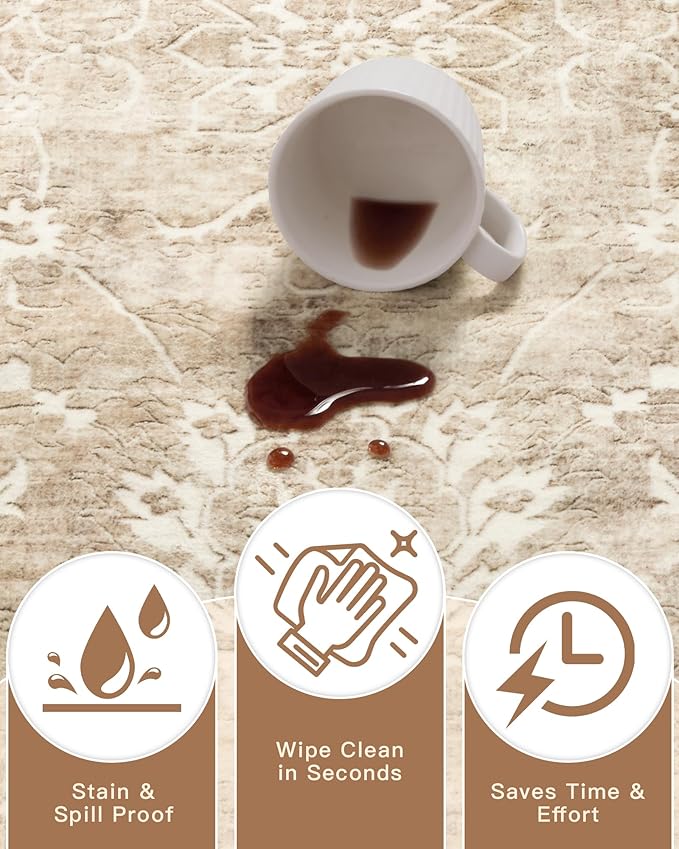 Madane Runner Rug 2x10 for Hallway, Kitchen Non-Slip Runner Rug with Rubber Backing, Vintage Soft Low Pile Throw Neutral Carpet Runner for Laundry Room Entryway Bathroom Bedroom (2 x 10, Beige/Brown)