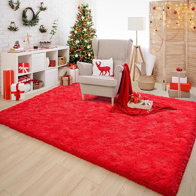 Chicrug Soft Area Rugs for Bedroom Living Room Plush Fluffy Rug 5x8 Feet, Shag Furry Area Rug Carpet Non Shedding for Nursery Children Kids Girls Room Home Decorative, Red