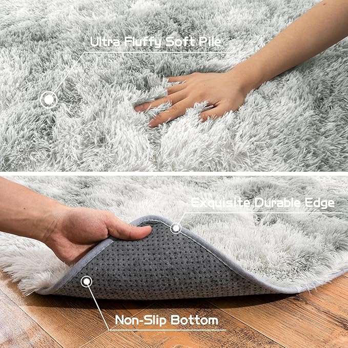 Pionblank 8x10 Rug for Living Room, Fuzzy Plush Large Area Rug, Fluffy Modern Shag Non Slip Soft Furry Carpet for Bedroom Kids Room Nursery Teens Dorm Home Decor, Tie Dye Grey