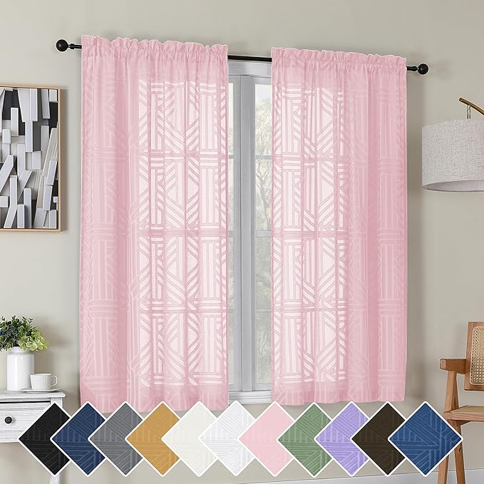 Simplebrand Blush Semi Sheer Curtains 45 Inch Length 2 Panels, Geometric Jacquard Clip Textured Short Sheer Curtains for Bedroom，Modern Elegant Window Curtains Drapes/Treatment Sheer，42x45 inch