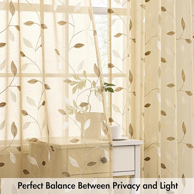 MIULEE Beige Sheer Curtains 2 Panels Embroidered Leaf Patterned Rod Pocket Floral Semi Sheer Faux Linen Window Curtains Drapes Set for Living Room Bedroom Dining Room, 52x96 Inches Long